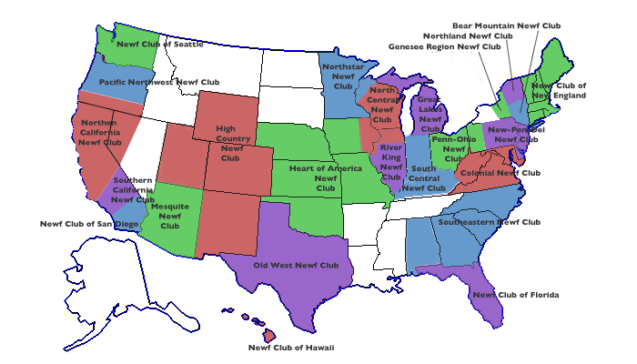 Outline map of the USA with regional Newfoundland Clubs marked